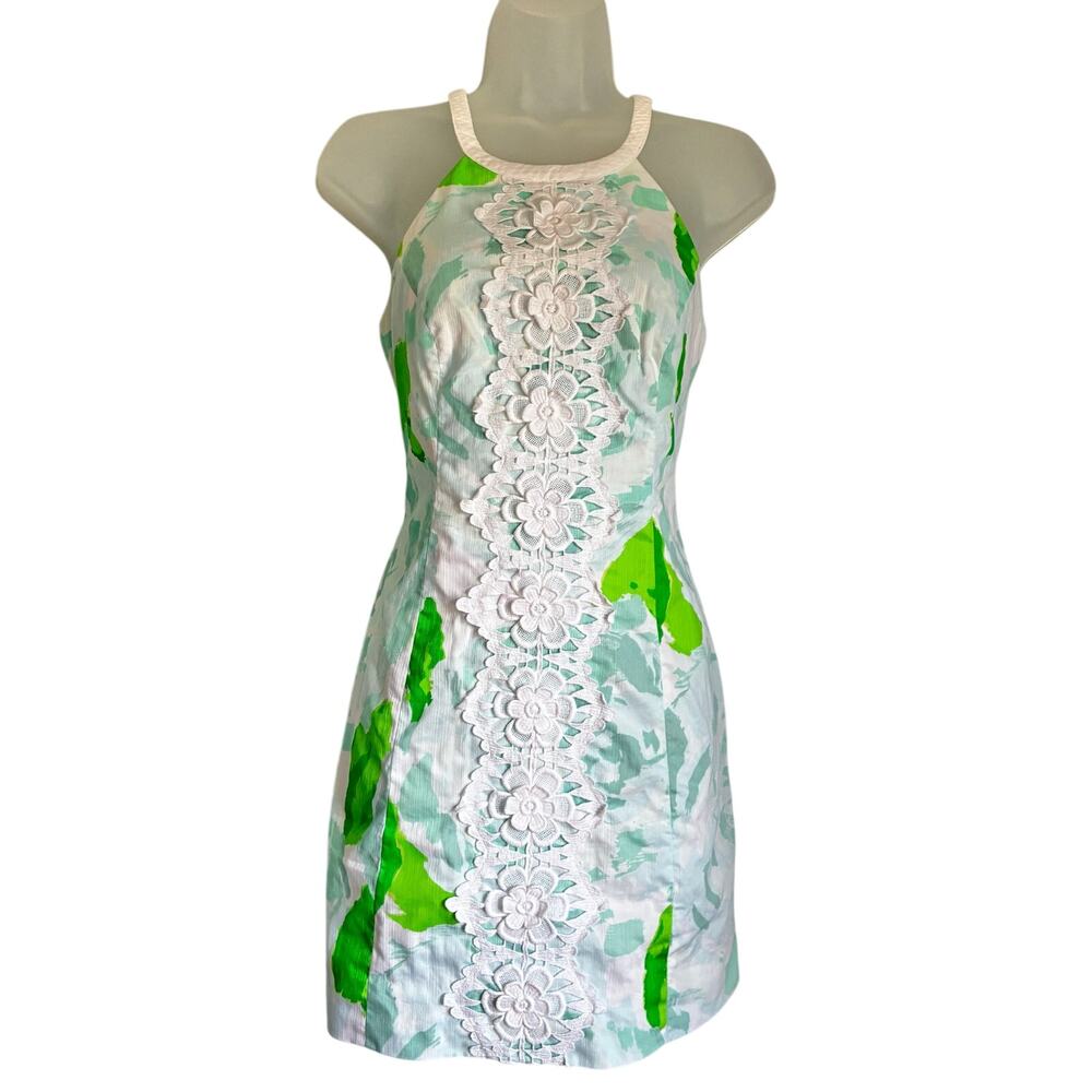 Lilly Pulitzer Crochet Floral Dress Size 6 Blue Green White Summer Mini Fairy
